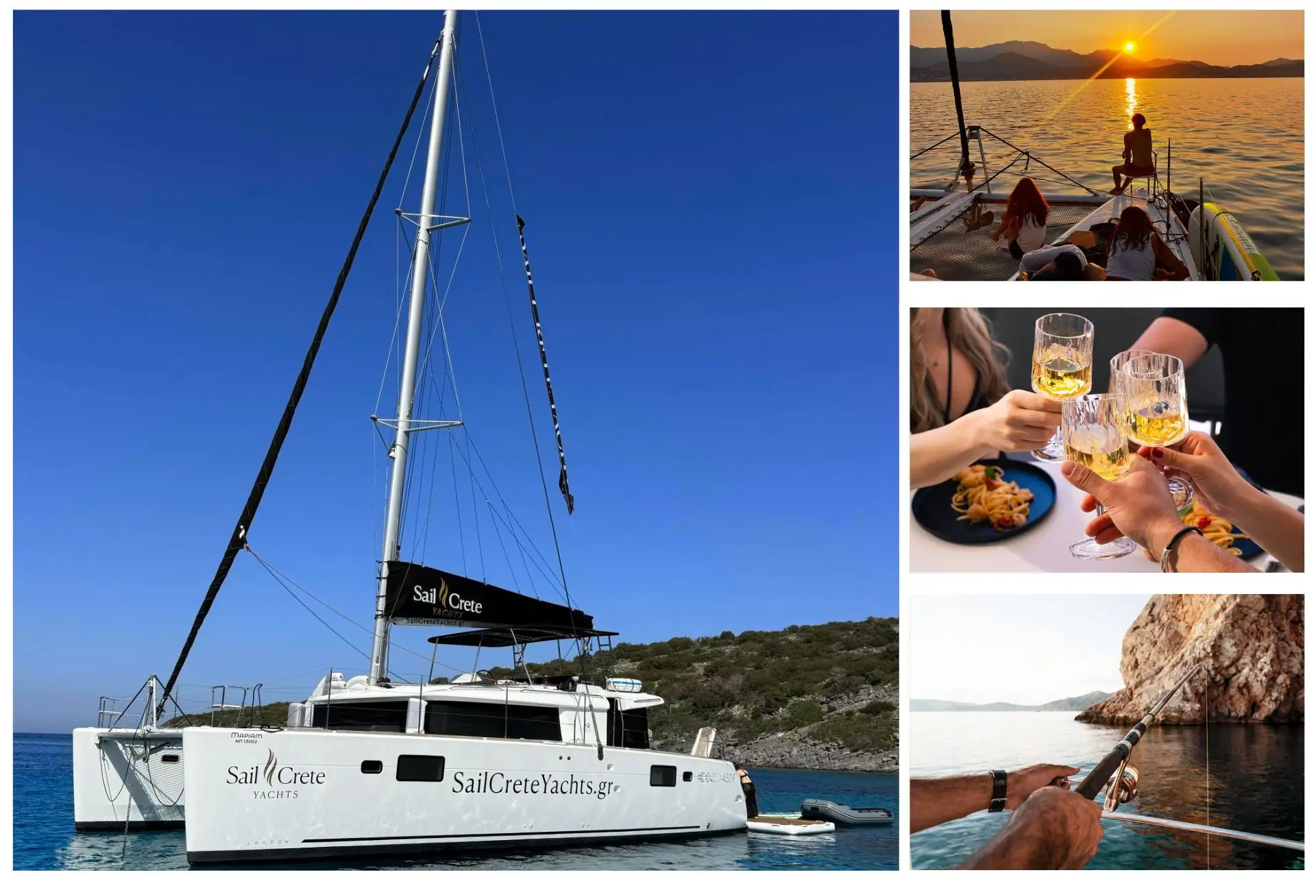 Ένα πολυτελές καταμαράν της Sail Crete στη θάλασσα, με καλεσμένους που απολαμβάνουν κρουαζιέρα στο ηλιοβασίλεμα, κρασί και ψάρεμα στον Άγιο Νικόλαο Κρήτης.