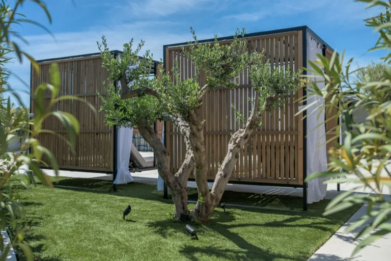 Two wooden cabanas with white curtains set on lush green grass next to an olive tree at Ria's Apartment.