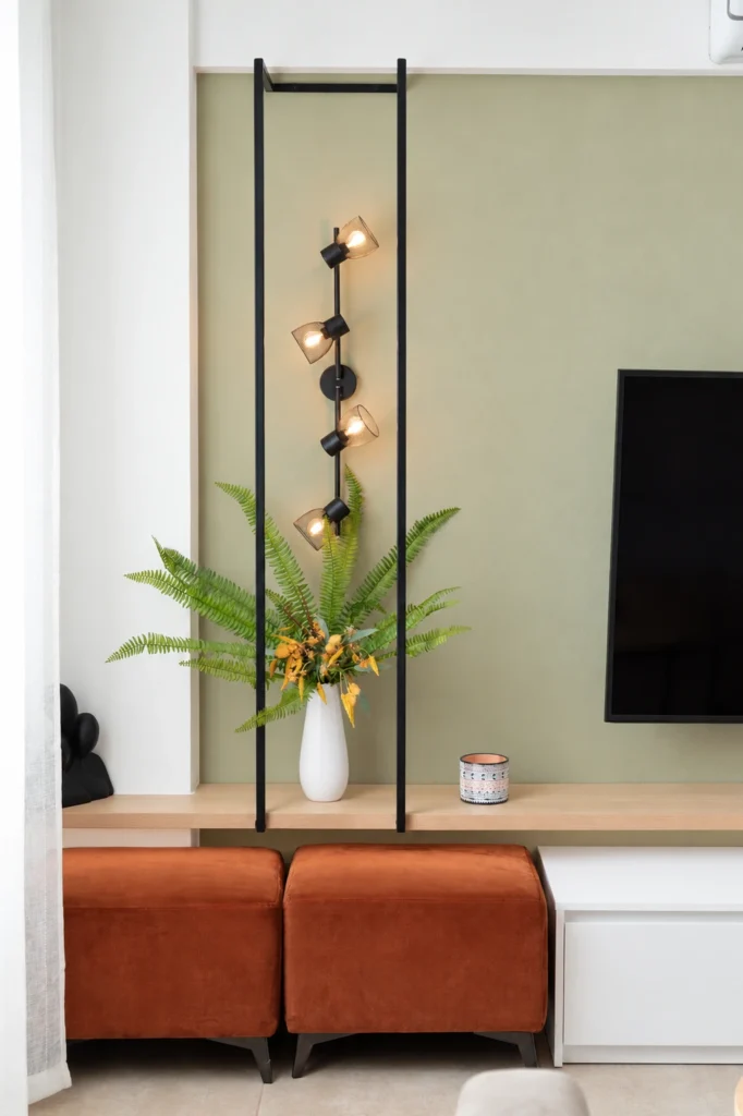 Close-up of modern round coffee tables and stylish living room decor at Ria's Apartment in Agios Nikolaos, Crete.