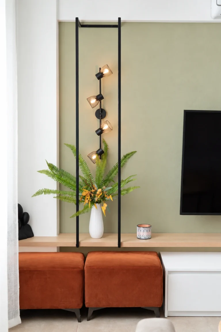 Close-up of modern round coffee tables and stylish living room decor at Ria's Apartment in Agios Nikolaos, Crete.